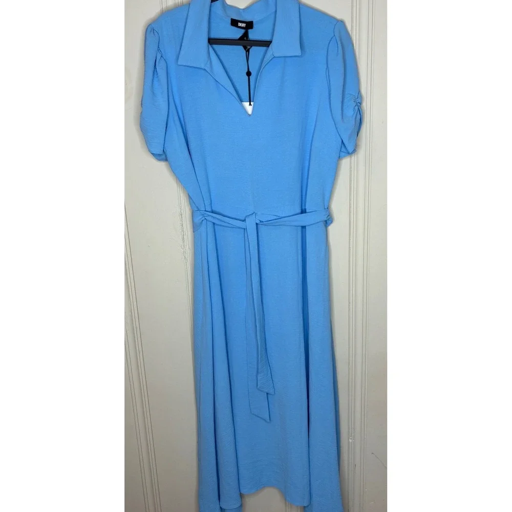 NEW DKNY Midi Dress 16 Blue Short Sleeve Belt V-Neck Collar Preppy Cottage Flowy